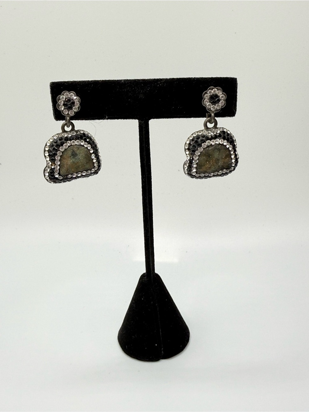 Silver-Tone Druzy Drop Earrings with Clear Crystal Accents - Gray